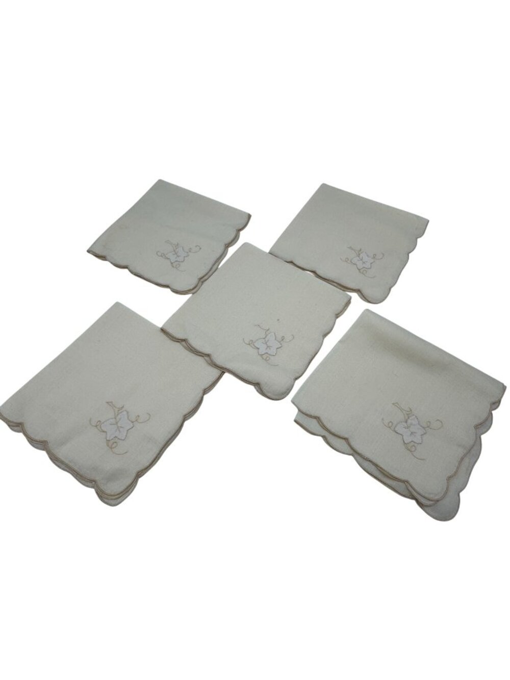 Lot Of 5 Vintage Scalloped Edge Embroidered Floral Linen Napkins Beige Handmade